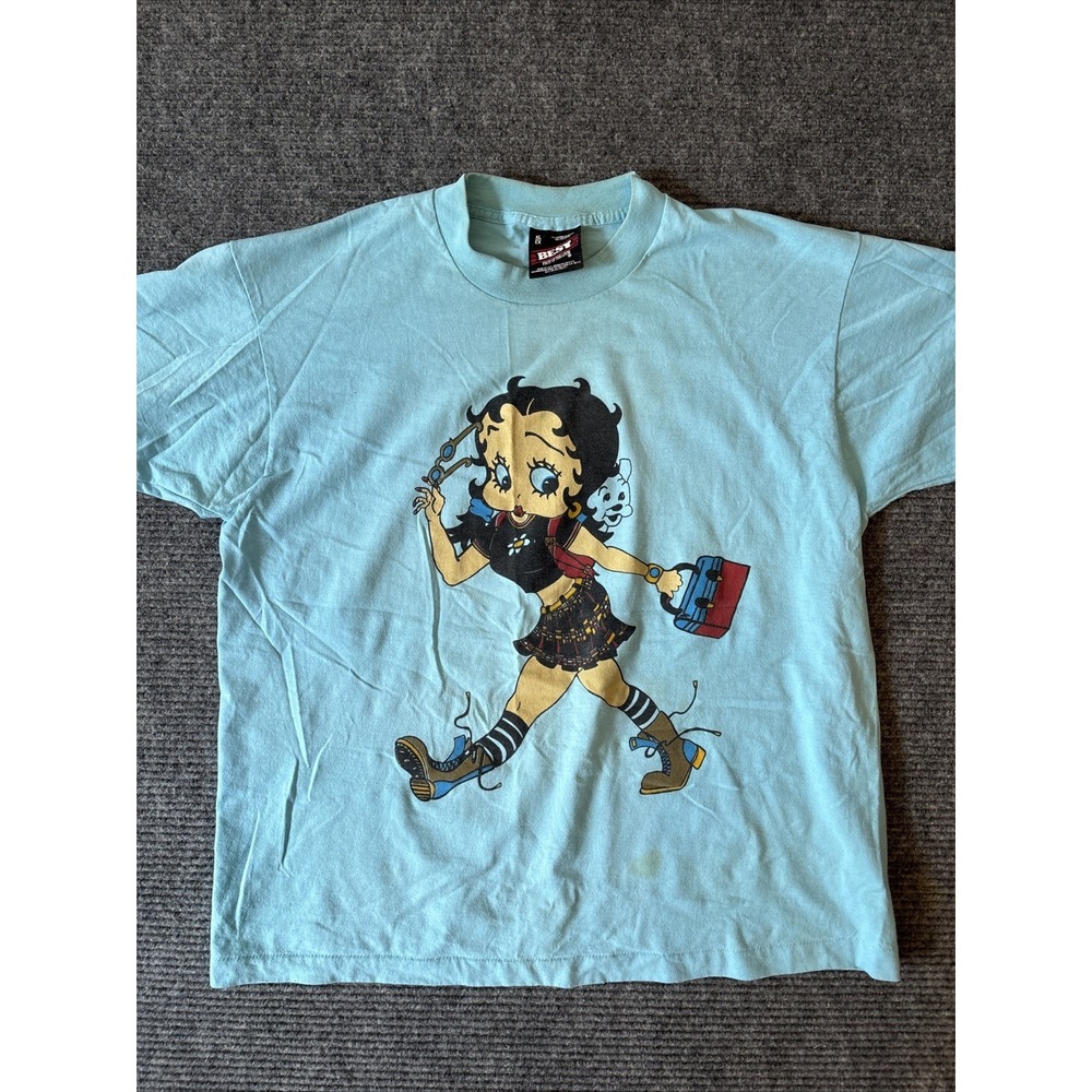 VTG Betty Boop Gothic Outfit Graphic‎ Single Stitch GRUNGE TShirt Blue XL RARE
